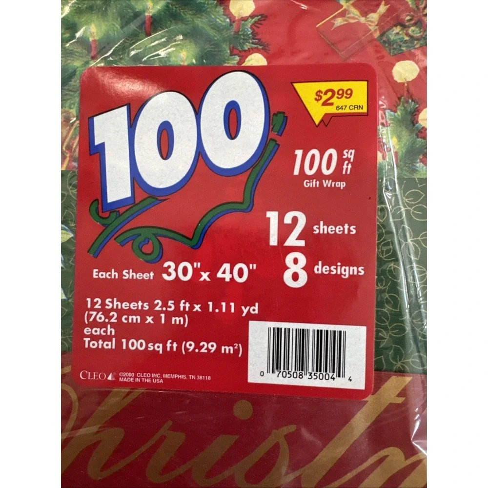 Vtg Cleo Christmas Heavy Wrapping Paper 12 Sheets 8 Designs 100 SQ FT Santa
